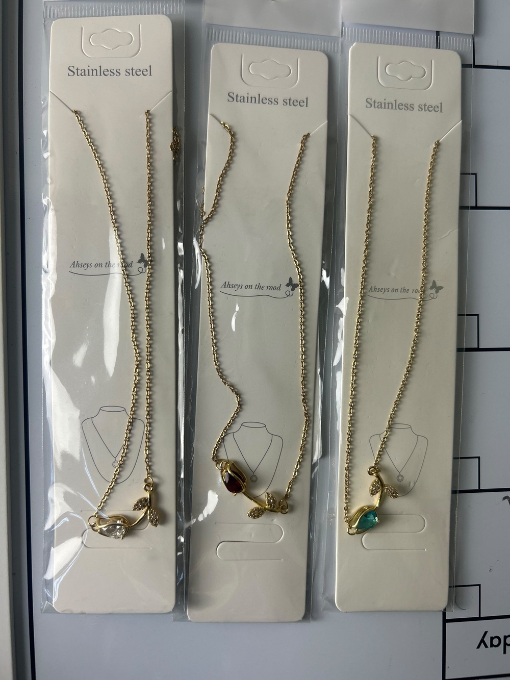 Stainless Steel Gold Leaf Pendant Necklace with Colored Gem - Women Jewelry